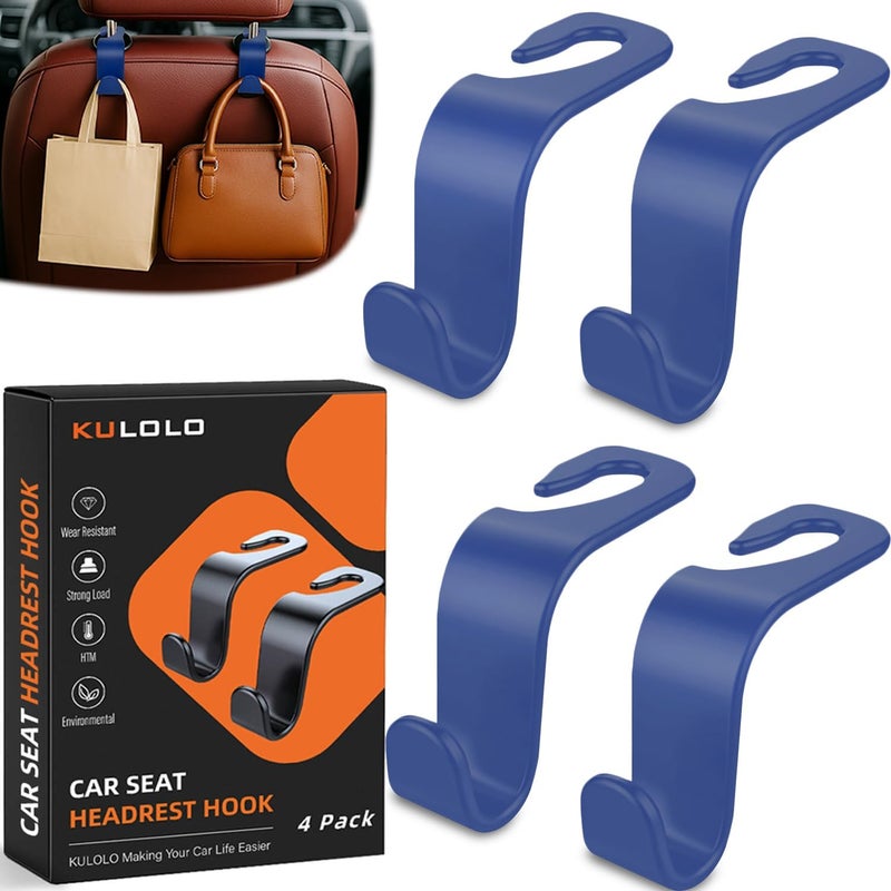 KULOLO Car Seat Hooks & Purse Holder - 4 Pack Boxed,55 lb Heavy Duty,Eco PP Car Hooks for Purse/Bag/Baby Gear/Gym Bag/Groceries/Cup/,Fits 0.32-0.55”Car Headrest Rods (Dark Blue) - Image 1